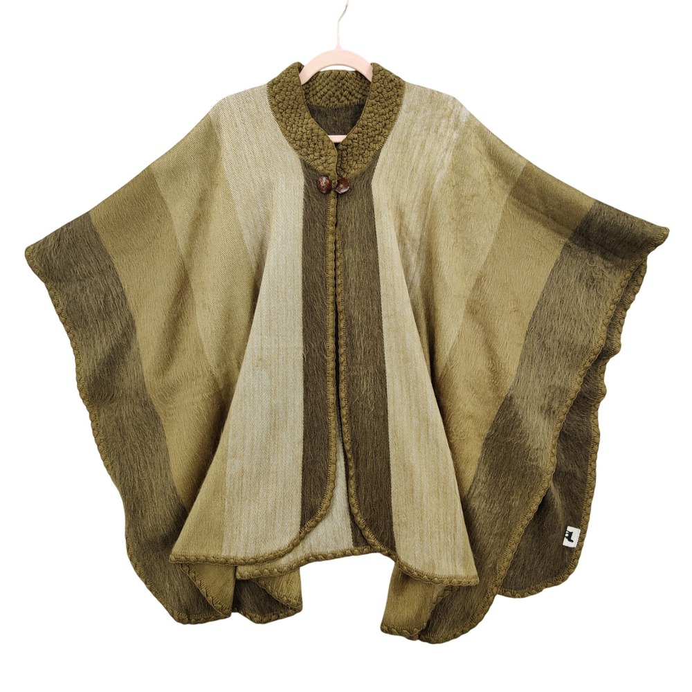 Poncho Womens Gorpcore Boho Alpaca Cotton Shawl OS Brown Striped Cape Ecuador